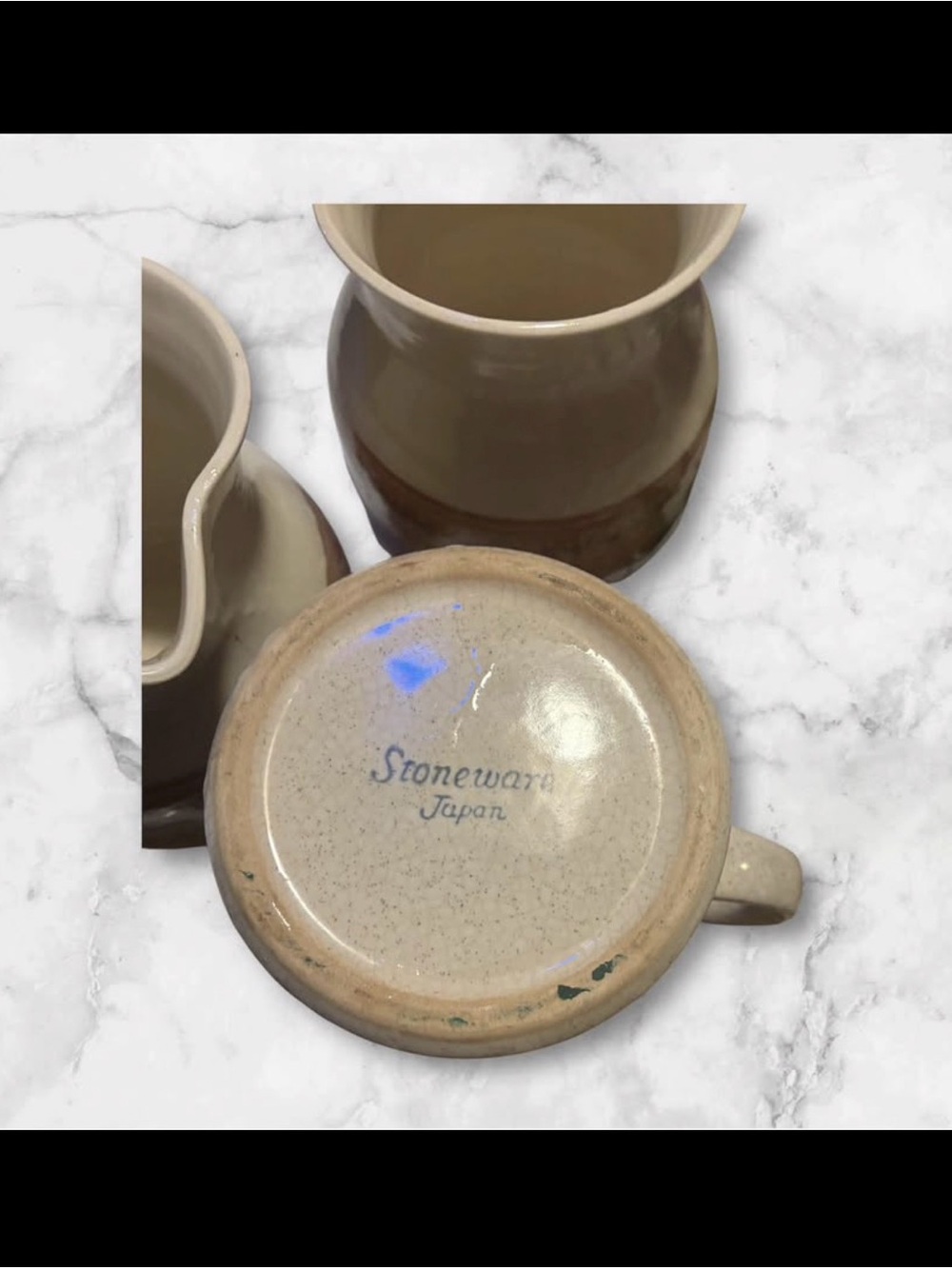VINTAGE JAPAN 1970s speckled stoneware creamer sugar bowl, milk, pitcher set - Picture 2 of 4